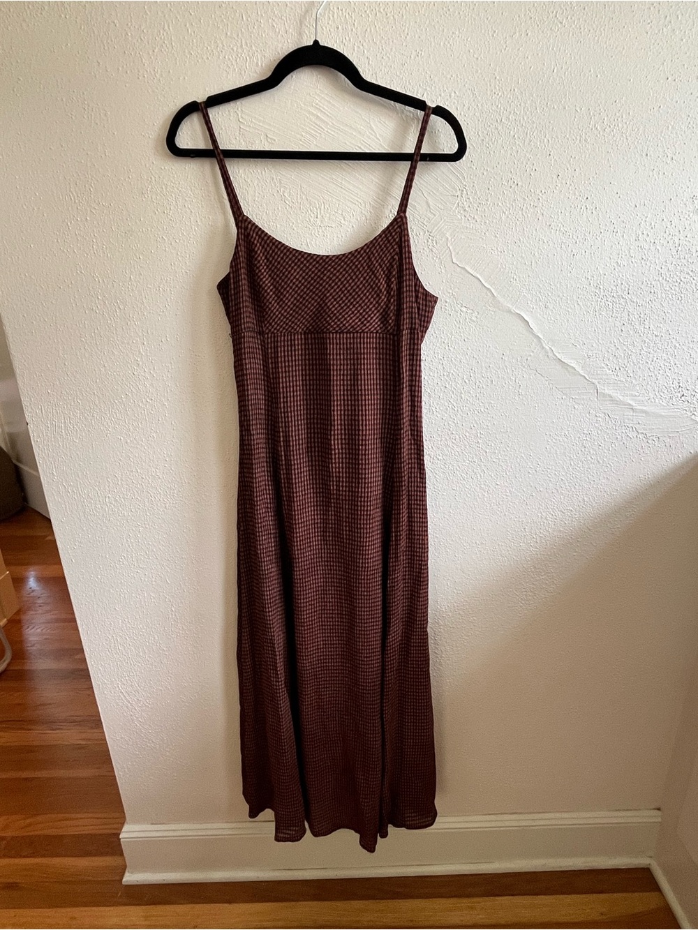 Bates Brown Checked Maxi Slip Dress with Thin Straps